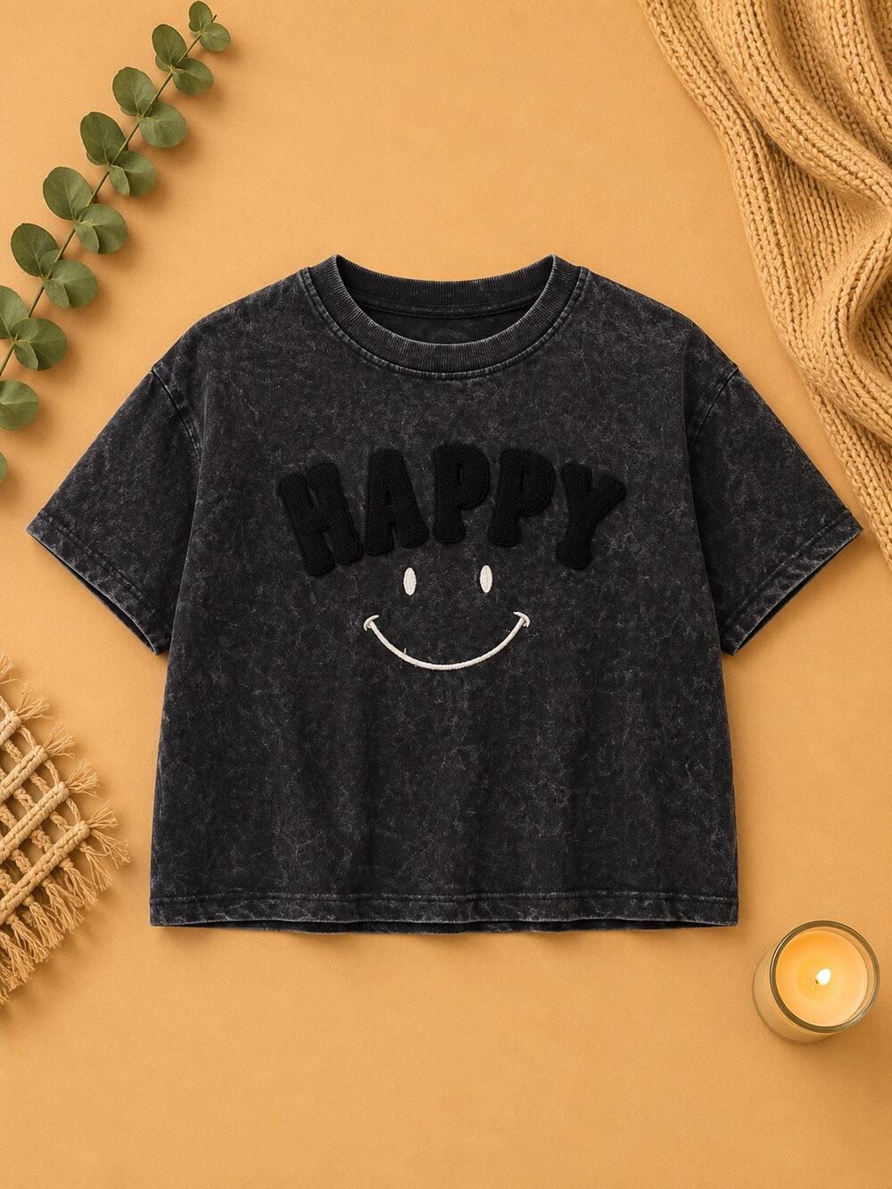 Vintage Havana Black Happy Face Cropped Sweatshirt Women Sz S
